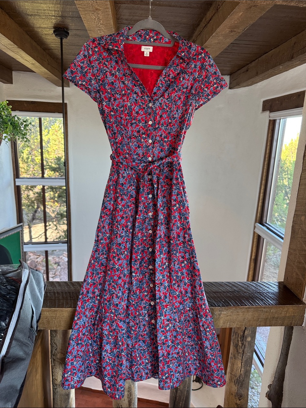 J. Crew Red and Blue Floral Midi Shirt Dress